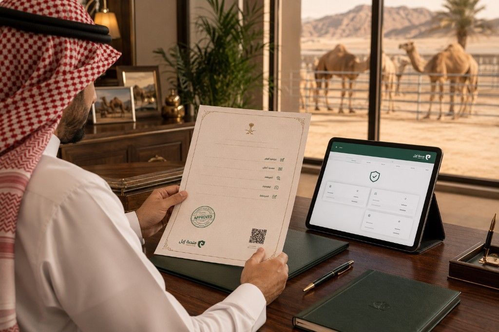 وثيقة تصريح إبل معتمدة مع ختم الموافقة ورمز التحقق