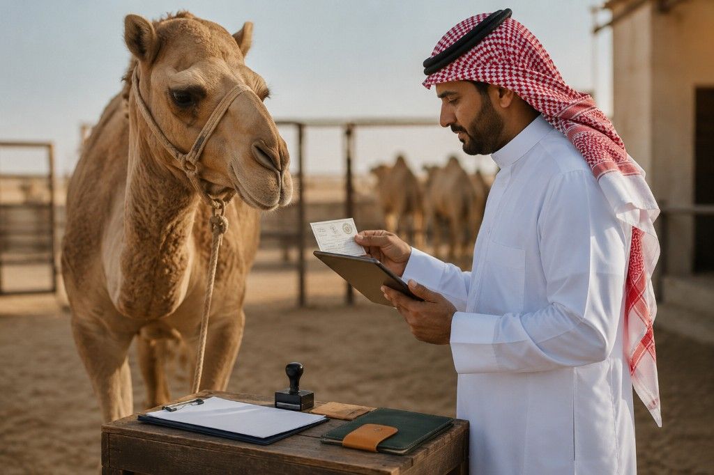 مالك إبل يتحقق من تصريح رقمي بجانب جمله في الحظيرة