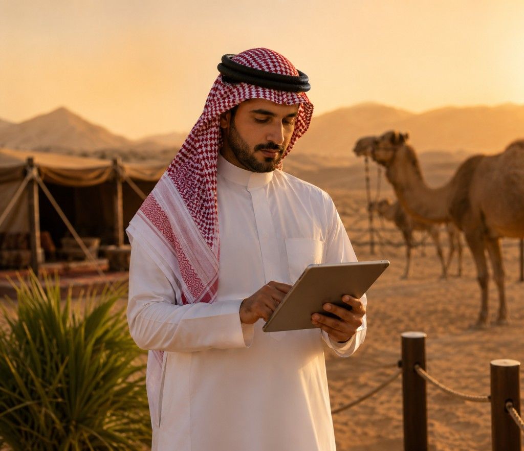 مستخدم يتابع خدمات منصة إبل عبر جهاز لوحي في بيئة صحراوية