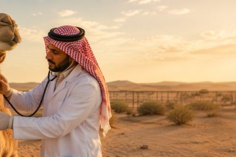 طبيب بيطري يفحص جملاً في مزرعة صحراوية عند الغروب