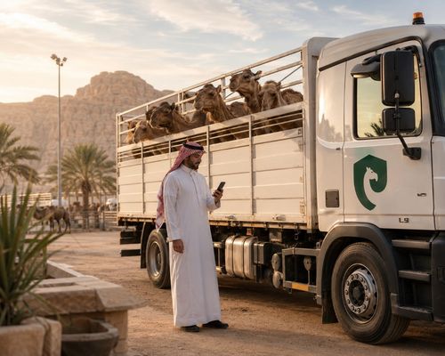 سائق نقل إبل يدير الطلب عبر الجوال بجانب الشاحنة