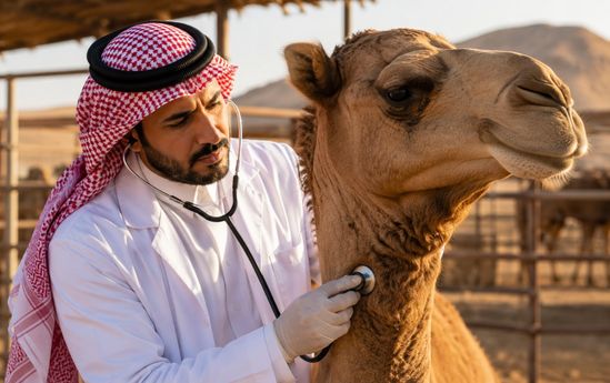 طبيب بيطري يفحص جملاً عن قرب في مزرعة صحراوية