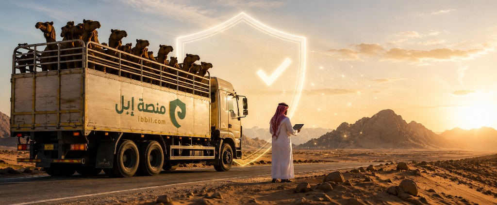 شاحنة نقل إبل مع حماية تأمينية رقمية في صحراء المملكة