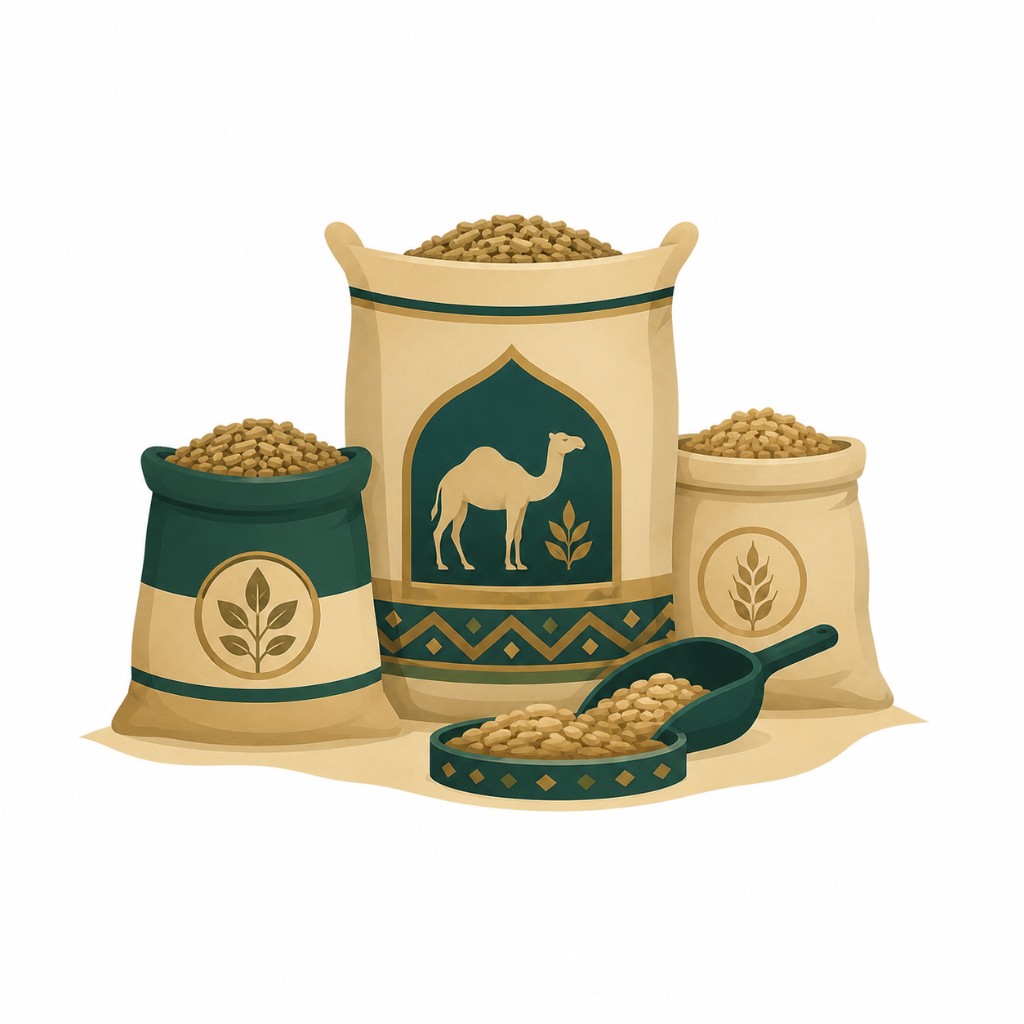 رسم توضيحي لجمل يتناول العلف
