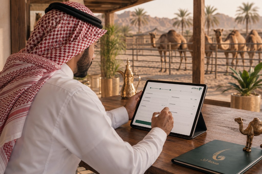 مالك إبل يتابع خدمات المنصة عبر جهاز لوحي بجانب تصريح رقمي