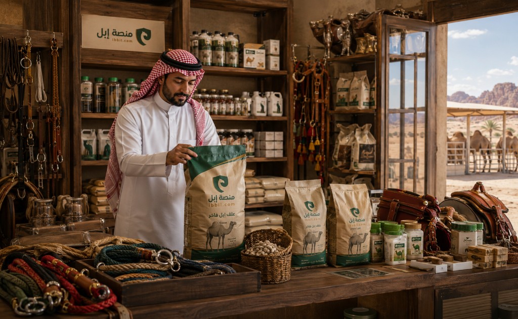 متجر مستلزمات وأعلاف الإبل مع علامة منصة إبل