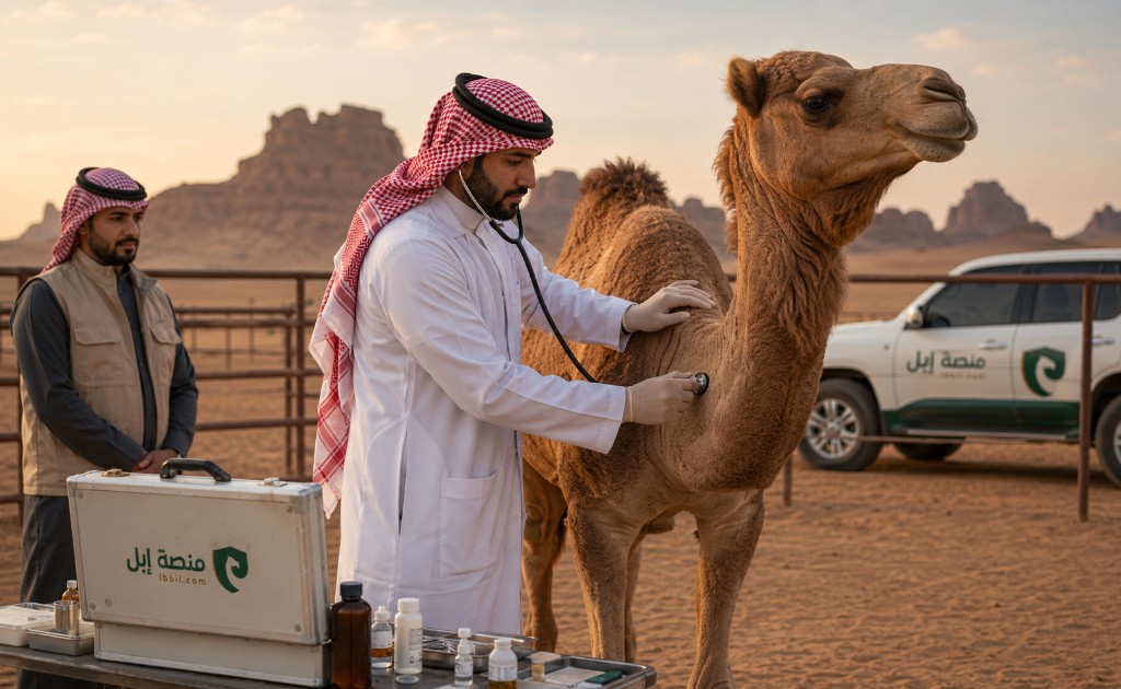 طبيب بيطري يفحص جملاً في موقع ميداني صحراوي