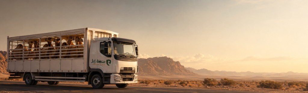 شاحنة نقل إبل في صحراء المملكة أثناء الغروب