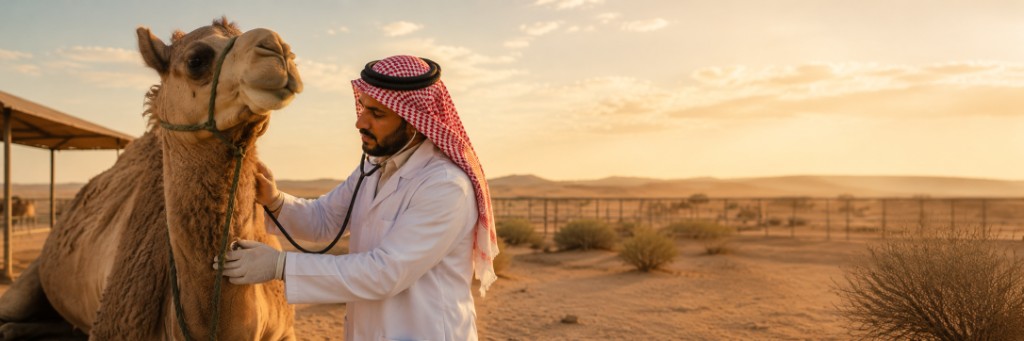 طبيب بيطري يفحص جملاً في مزرعة صحراوية عند الغروب